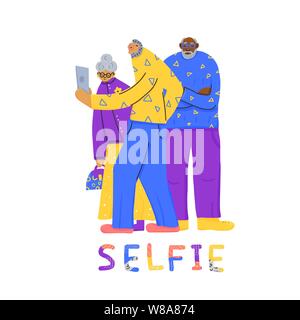 Ältere Freunde eine selfie. Gruppe von alten Personen volle Länge mit Telefon. Vektor flachbild Abbildung. Stock Vektor