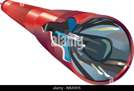 Detaillierte lpen Taschenlampe Diagramm zeigt einen Querschnitt oder aufrißansicht der Licht & Objektivaufbau Stock Vektor