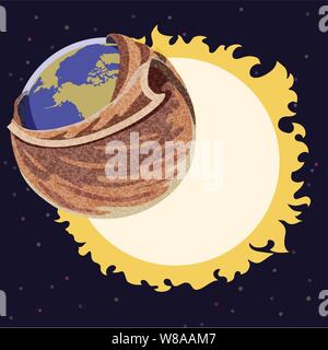 Die Erde bedeckt mit einer dicken Decke in fron einer sehr großen Sonne im Raum zur Veranschaulichung der globalen Erwärmung Stock Vektor