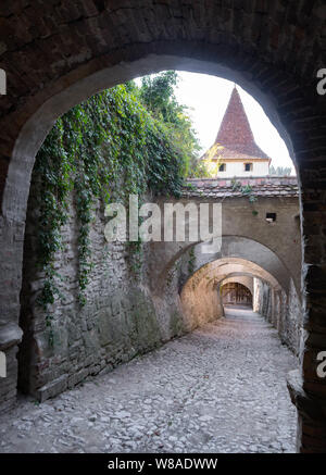 Steinernen Torbogen in der mittelalterlichen Wehrkirche von Birthälm, Rumänien, mit Turm im Hintergrund. Stockfoto