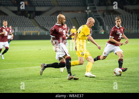 Turin, Italien. 08 Aug, 2019. Während der UEFA Europa League dritte Qualifying Runde Fußballspiel zwischen Torino FC und Shakhtyor Soligorsk. Torino FC gewann 5-0 gegen Shakhtyor Soligorsk im Stadio Olimpico Grande Torino in Italien Turin, 8. August 2019 (Foto von Alberto Gandolfo/Pacific Press) Quelle: Pacific Press Agency/Alamy leben Nachrichten Stockfoto