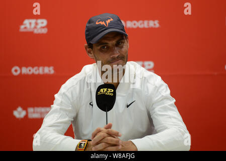 Montreal, Quebec, Kanada. 8 Aug, 2019. RAFAEL NADAL spricht mit den Medien in der Rogers Cup Turnier in Montreal, Kanada. Quelle: Christopher Abgabe/ZUMA Draht/Alamy leben Nachrichten Stockfoto