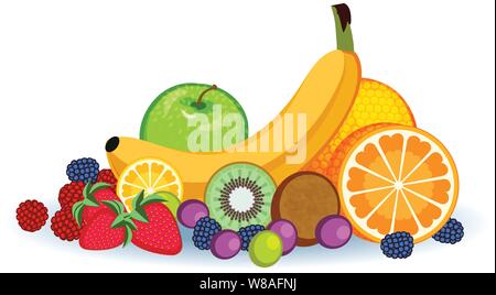 Obst Anordnung mit grünem Apfel, Bananen, Beeren, Kiwi, Orange. Stock Vektor
