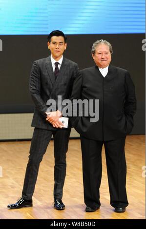 Hong Kong Regisseur und Darsteller Sammo Hung, rechts, und taiwanesischen Schauspieler Eddie Peng An einer Pressekonferenz und Eröffnung für seine Sammo Hung Film Stu Stockfoto