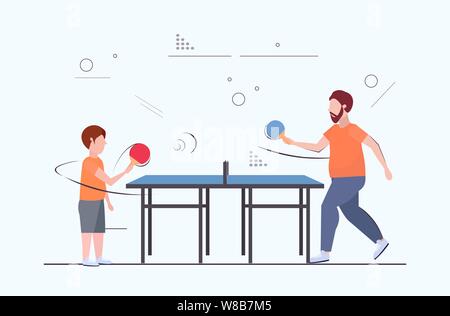 Fat beleibten Mann und der Junge holding Schläger übergewicht Vater und Sohn spielen Ping pong Tischtennis Gewichtsverlust Adipositas Konzept Flachbild voller Länge horizontal Stock Vektor