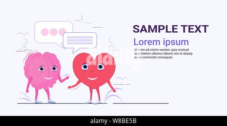 Cute menschlichen Gehirn und Herz Paar zusammen stehenden Sprechblase rede Kommunikation Konzept rosa Zeichentrickfiguren kawaii Stil horizontale Kopieren spac Stock Vektor