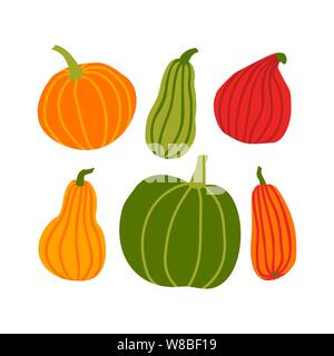 Hand zeichnen Kürbis in einfachen Doodle Stil. Vector Illustration bunte Kürbisse in verschiedenen Formen und Größen auf weißem Hintergrund. Templa Stock Vektor