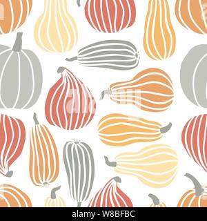 Hand zeichnen Kürbis nahtlose Muster in einfachen Doodle Style Vector Hintergrund Kürbisse in Pastelltönen in verschiedenen Formen auf weißem Hintergrund. Stock Vektor