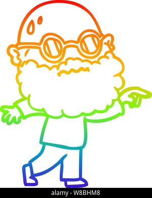 Regenbogen Farbverlauf Zeichnung einer Cartoon sorgen Mann mit Bart und Brille Zeigefinger Stock Vektor