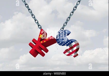 China USA Währung Krieg als Chinese Yuan Symbol in Konflikt mit dem amerikanischen Dollar Symbol wie ein handelsstreit Konzept als 3D-Darstellung. Stockfoto