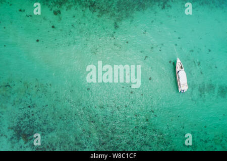 Frische Freiheit Konzept. Abenteuer Tag und Tourist. Blick von oben auf dem Schnellboot im blauen Meer mit Spritzwasser Hintergrund. Ansicht von oben. Natur zurück Stockfoto