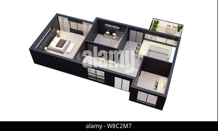 Modernes Design auf weißem Grundriss mit schwarzen Wänden isoliert, Blaupause von Wohnung, Haus, Möbel, kubisch, perspektivische Ansicht, 3d-rende Stockfoto