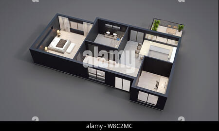 Modernes Design, isolierte Grundriss mit schwarzen Wänden, Blaupause von Wohnung, Haus, Möbel, kubisch, perspektivische Ansicht, 3D-Rendering Stockfoto