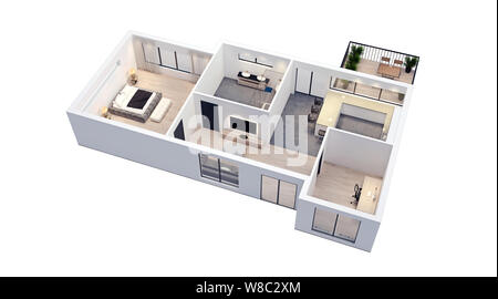 Modernes Design auf weißem Grundriss mit weißen Wänden isoliert, Blaupause von Wohnung, Haus, Möbel, kubisch, perspektivische Ansicht, 3d-rende Stockfoto