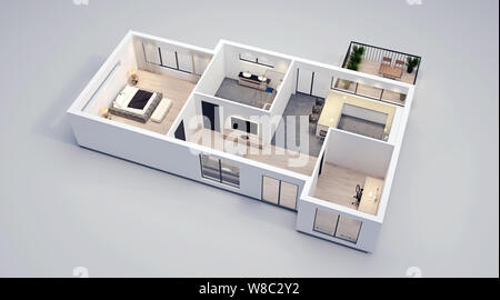 Modernes Design, isolierte Grundriss mit weißen Wänden, Blaupause von Wohnung, Haus, Möbel, kubisch, perspektivische Ansicht, 3D-Rendering Stockfoto