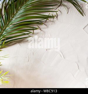 Tropical Beach. Green Palm Leaf liegt auf dem weißen feinen Sand. - Nahaufnahme, Ansicht von oben, Hintergrundbilder. Copyspace. Stockfoto