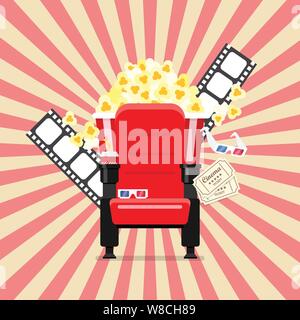 Sitze in einem Kino mit Popcorn, Getränke und Gläser. Vector Illustration Stock Vektor