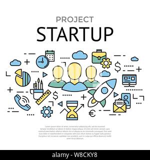 Projekt Start Planung Kommunikation Teamarbeit Zusammenarbeit flache Linie Symbole vector Hintergrund banner Abbildung Stock Vektor