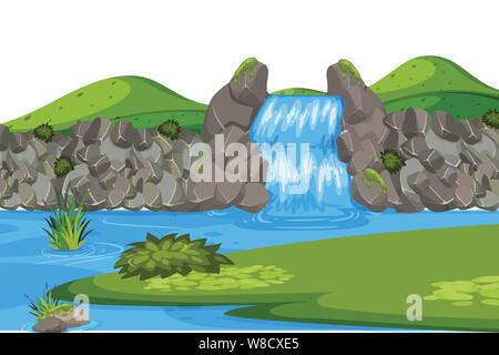 Landschaft Hintergrund mit Wasserfall und grünes Feld Abbildung Stock Vektor