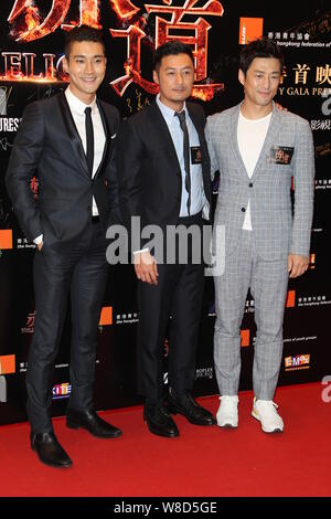 (Von links) Koreanische Schauspieler Choi Siwon, Hong Kong Schauspieler Shawn Yue und Koreanische Schauspieler Ji Jin-hee Pose bei der Premiere für ihren neuen Film "Helio Stockfoto