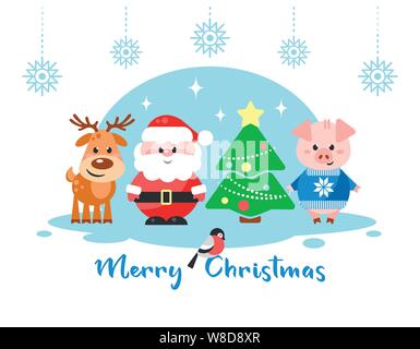 Frohe Weihnachten. Grusskarten mit lustigen Comicfiguren. Weihnachtsmann, Rentier und Schwein mit Weihnachtsbaum. Flache Bauform. Vector Illustration. Stock Vektor