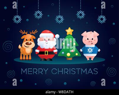 Frohe Weihnachten. Grußkarte mit niedlichen Zeichentrickfiguren. Santa Claus, Schwein und Rentier mit Weihnachtsbaum. Vector Illustration. Stock Vektor