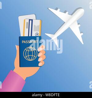 Hand der Stewardess mit Pass und Flugticket auf runden blauen Hintergrund. Business Hand mit Reisepass und Tickets Vector Illustration. Flugreisen Stock Vektor
