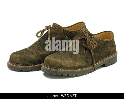 Traditionelle bayerische Leder Schuhe isoliert auf weißem Hintergrund, Oktoberfest München Bayern Symbol Stockfoto