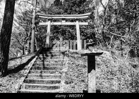 Stein Pagode torii Tor und die ontake Jinja Schrein in Torii Pass in der Nähe von Yabuhara auf der Nakasendo Trail Stockfoto