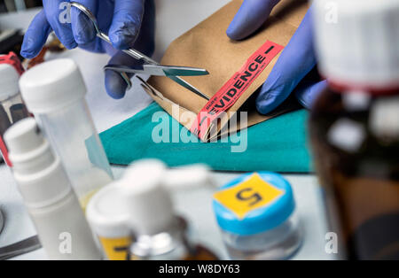 Wissenschaftlichen Polizei öffnet mit der Schere ein Beutel der Beweis eines Verbrechens im wissenschaftlichen Labor Stockfoto