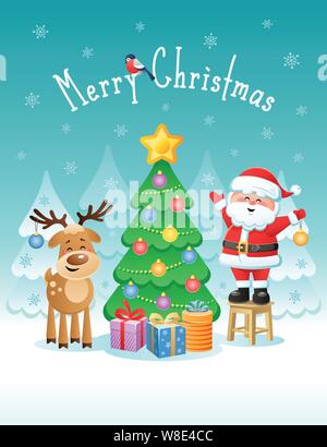 Frohe Weihnachten. Grußkarte mit niedlichen Santa Claus und Hirsche. Vector Illustration ohne Transparenz. Stock Vektor