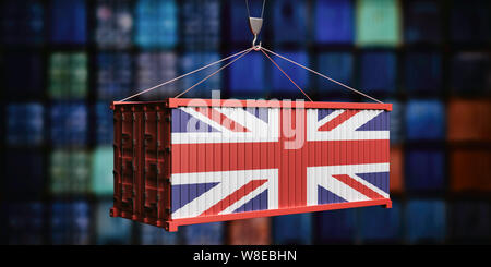 UK Handel, Export, Import-Konzept. Großbritannien Flagge container, port Container Hintergrund. 3D-Darstellung Stockfoto