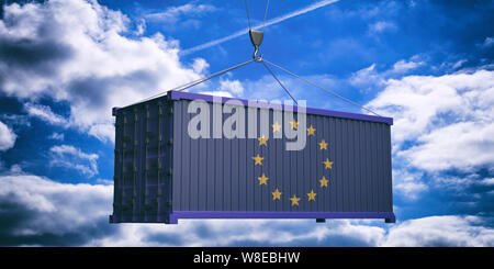 EU-Handel, Export, Import-Konzept. Fahne der Europäischen Union Container an bewölkten Himmel Hintergrund bei Sonnenuntergang. 3D-Darstellung Stockfoto