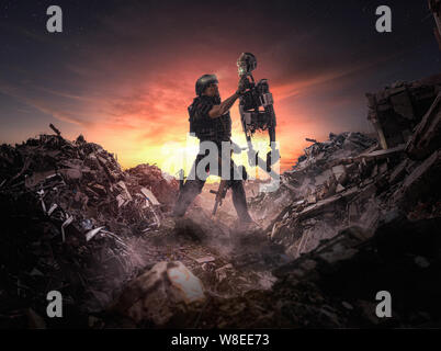 Roboter Krieg (Männer vs Maschinen) - Abbildung eines apokalyptischen-Abbildung 3d Stockfoto