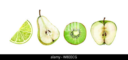 Früchte die Hälfte Slice festlegen grüner Apfel Birne kiwi lime Samen realistische Botanischen Aquarell Abbildung: Saftige auf weißen Hand isoliert gezeichnet, tropischen Essen Stockfoto