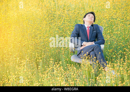 Geschäftsmann schlafen in gelbe Blume Feld Stockfoto