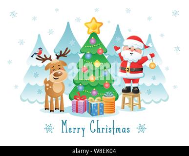 Frohe Weihnachten. Grusskarten mit lustigen Weihnachtsmann, Rotwild und Gimpel. Vector Illustration ohne Transparenz. Stock Vektor