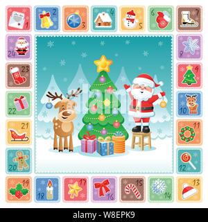 Weihnachten Adventskalender mit niedlichen Santa Claus, Rotwild und Weihnachtsschmuck. Vector Illustration. Flache Bauweise ohne Transparenz. Stock Vektor
