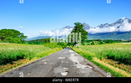 Asphalt unter den Feldern vor dem Hintergrund einer Berglandschaft. Stockfoto