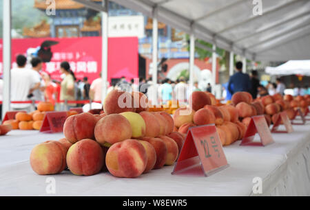Peking, China. 9 Aug, 2019. Foto auf Aug 9, 2019 zeigt neu abgeholt Pfirsich Pfirsiche während einer Messe in Pinggu Bezirk von Peking, der Hauptstadt von China. Quelle: Ren Chao/Xinhua/Alamy leben Nachrichten Stockfoto