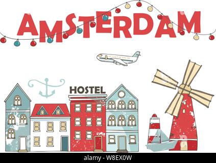 Niederlande, Amsterdam City Line reisen Skyline. Niederlande, Amsterdam City Übersicht Stadt Vektor-illustration, Symbol, Reisen, Sehenswürdigkeiten, Sehenswürdigkeiten Stock Vektor