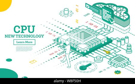 Isometrische CPU. Computer Technologie. Große Datenverarbeitung. Datenübertragung und -verarbeitung. Cloud Technologie. Stock Vektor