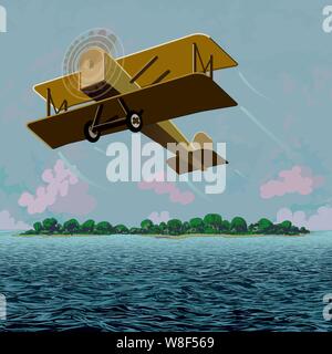 Gelbe bi-Flugzeug über dem See mit einer Insel und Cloud Himmel hinter es als Hintergrund gefüllt Fliegen Stock Vektor