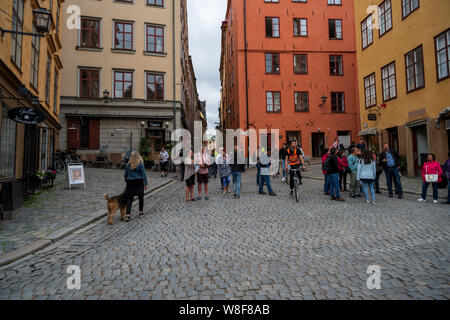 Stockholm, Schweden - 16. Juli 2019. Cyslists unter den Touristen fahren Sie eine Straße mit Kopfsteinpflaster in der Altstadt von Stockholm. Stockfoto