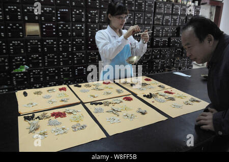 ---- Eine Chinesische pharmaceutist verzichtet der Traditionellen Chinesischen Medizin bei einer TCM-Apotheke in Liaocheng City, East China Provinz Shandong, den 7. November Stockfoto