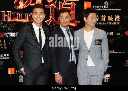 (Von links) Koreanische Schauspieler Choi Siwon, Hong Kong Schauspieler Shawn Yue und Koreanische Schauspieler Ji Jin-hee Pose bei der Premiere für ihren neuen Film "Helio Stockfoto