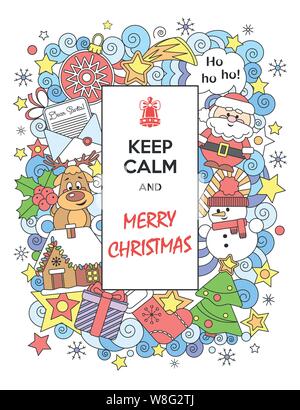 Frohe Weihnachten. Bunte Grußkarte Ruhige und fröhliche Weihnachten mit lustigen Cartoon Buchstaben halten. Vector Illustration. Doodles Stil. Stock Vektor