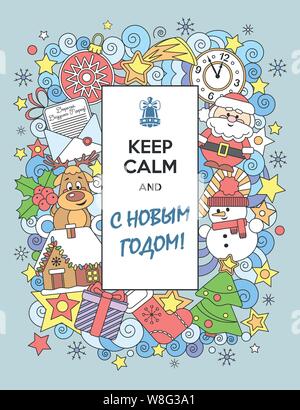 Grußkarte ruhiges und glückliches neues Jahr in Russischer Sprache halten. Lustige Comicfiguren. Vector Illustration. Stock Vektor
