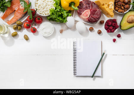 Ketogenic Low Carbs Diät - Essen auswahl auf weißem Hintergrund. Gesunde organische Bestandteile von hohen Gehalt an Fetten für das Herz und die Blutgefäße ausgeglichen. Fleisch, Fisch und Gemüse. Copyspace. Stockfoto