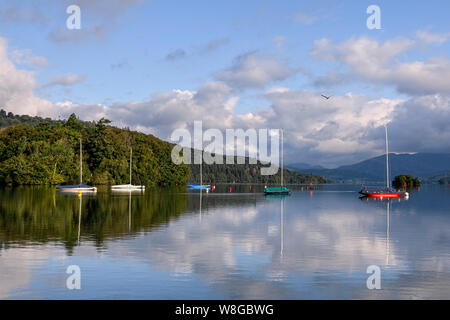 Eine Linie der bunten Segeln Boote auf Windermere an einem ruhigen Sommer mit schönen Reflexionen Stockfoto